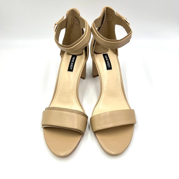 Nine West Pruce Beige Tan Natural Leather Open Toe Block Heels Sandals Shoes 10M - Picture 2 of 13
